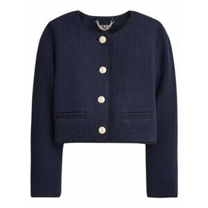 J. Crew Tweed Bomber Lady Jacket Wool Blend Navy Gold Button Size 14